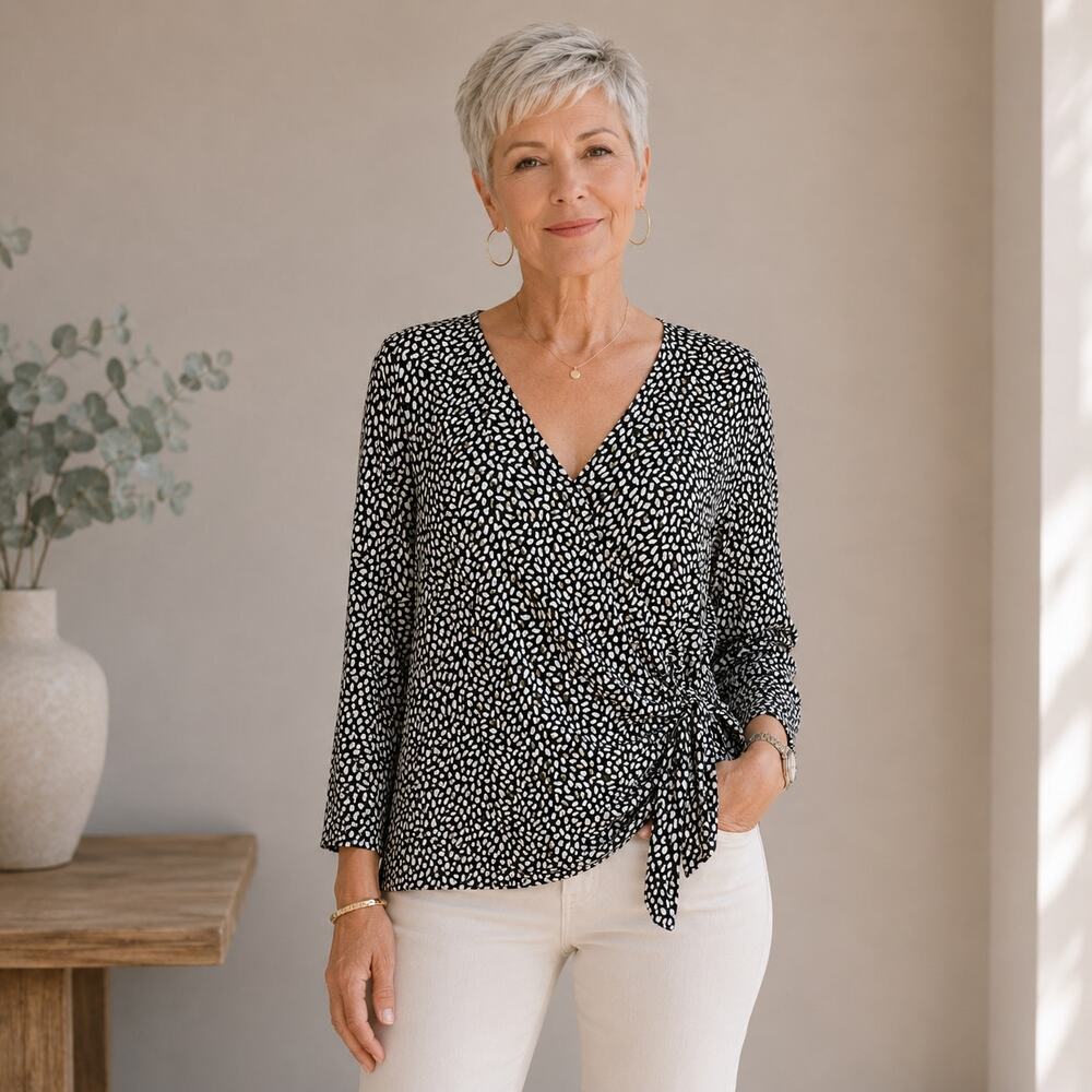 Talbots Black White Abstract Dot Partial Wrap Long Sleeve Top XL